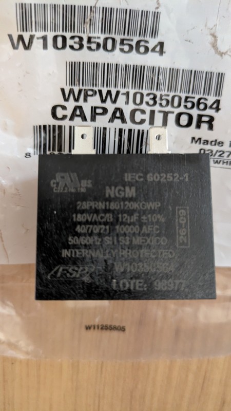 Whirlpool W10350564 WPW10350564 Capacitor for Refrigerator 12µF