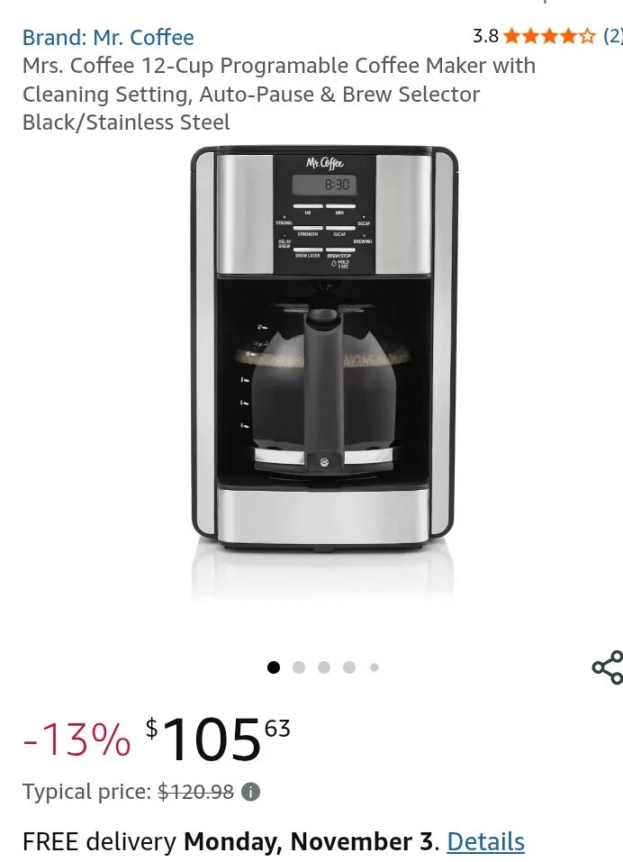 Mr. Coffee 12-Cup Programmable Coffee Maker - Stainless Steel/Black - Image 2 of 2