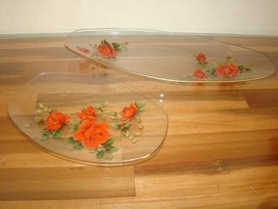 Vtg Glass Plate Hand Painted Roses Gold Rim Ruffled Edge Serving Dish MCM TWO