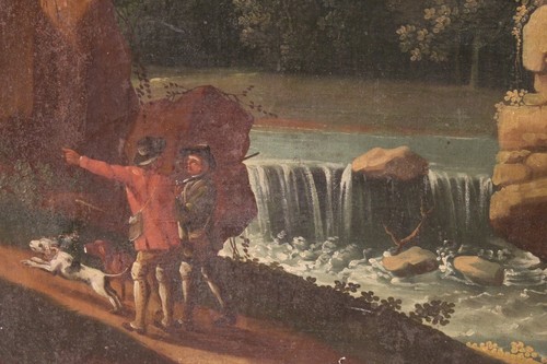 Antico dipinto italiano 700 cornice quadro olio su tela paesaggio cacciatori - Foto 8 di 12