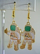 ASTRONAUT DANGLING EARRINGS WITH WHITE AND GREEN ENAMEL IN STAINLESS STEEL