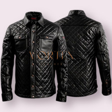 Men's Black Leather Shirt Genuine Lambskin Leather Shirt Padded Style Shirt