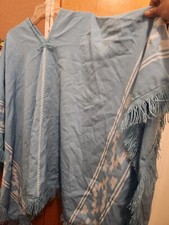 Vintage Artisan Hand Knit Argentinian Poncho Bohemian Light Blue And White