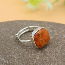 Natural Orange Spiny Oyster Shell Ring 925 Sterling Silver Cushion Gemstone Band