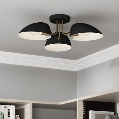 Argo 3-Light Modern Retro Flush Ceiling Light with Black Shades and Brass Gold