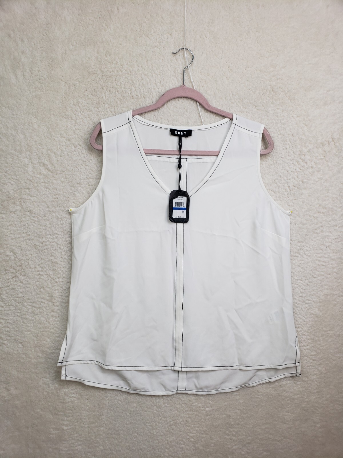 DKNY Women Top Extra Large White Chiffon Sleeveless V Neck Tank Blouse