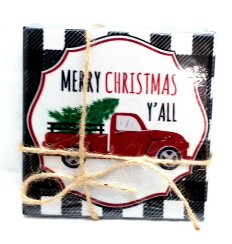 Ceramic COASTERS Red Farm Pickup Truck With Christmas Tree in Bed 4 pack SALE - Picture 2 of 4