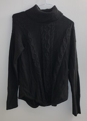 LL Bean Size M Black Double L Mixed Cable Knit Cotton Turtleneck Sweater Chunky