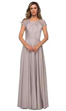 LA FEMME Pleat Cap Sleeve Satin Gown SILVER SZ 20