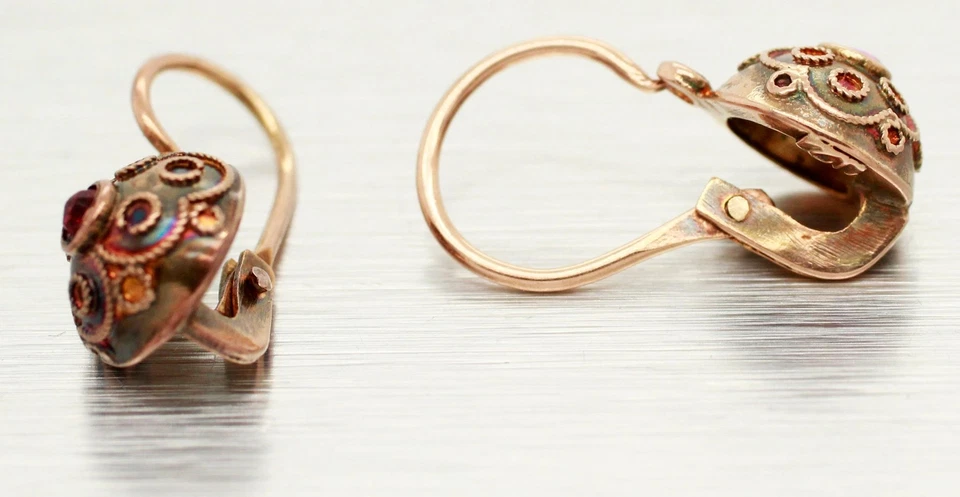 Antique Art Nouveau Ruby Ornate Sphere Drop Dangle Earrings - 14k Rose Gold - Image 3 of 4