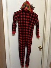 Reindeer Buffalo Plaid Pajamas One Piece Size 8-10 Hooded Half Zipper Red Black