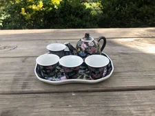 Vintage China Famille Noire Porcelain Tea Set Pot Cup Painted Floral Set W/Tray