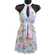 Express Floral Halter Mini Dress Womens 4 Blue Ruffle Wedding Guest NWT