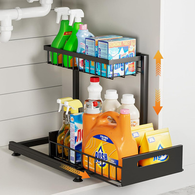Under Sink Organizer Storage 2-Tier Premium Metal Pull-Out Racks, Height Adjusta