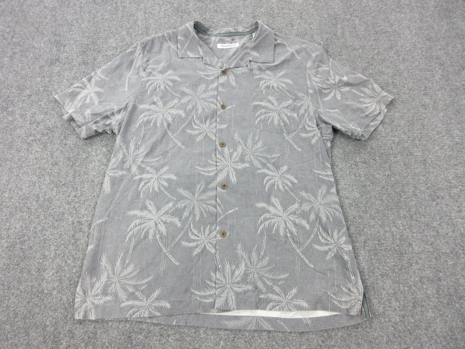 Tommy Bahama Shirt Mens Large Gray Palm Tree Short Sleeve Button Up Hawaiian