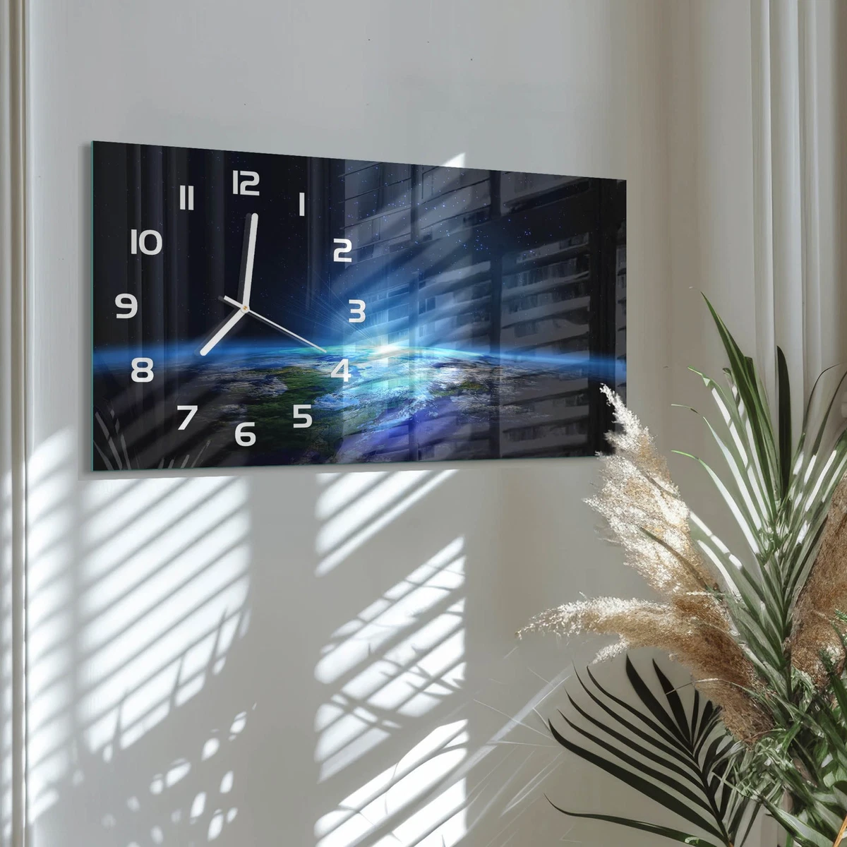 Reloj de Pared Rectangular de Vidrio Templado Decorativo Planeta Tierra 60x30 cm