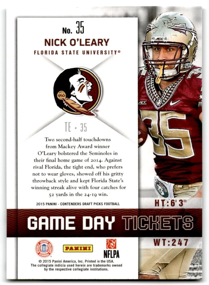 2015 Panini Contenders Draft Picks #35 Nick O'Leary Game Day Tickets - Image 2 of 2