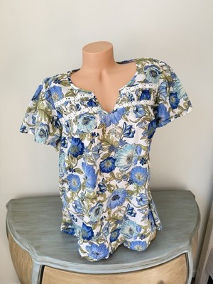 Lane Bryant Top 2x 18/20 Womens Blue Floral Flutter Sleeve V Blouse Plus Cottage