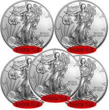 Lot of 5 - American Silver Eagle $1 Coin 1 oz .999 Fine Silver Random Year BU