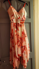 Cream/Coral Floral Chiffon V-Neck Strappy Sleeveless Midi A-Line Dress Size 8.