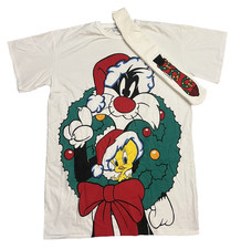 Vtg. 1994 Looney Tunes Christmas Sylvester Tweety T-shirt Socks Adult Unisex