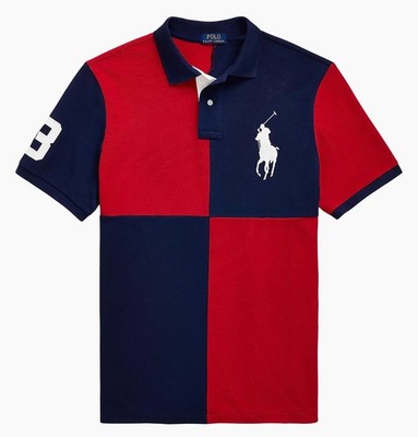 Polo Ralph Lauren Red & Navy Color-block BIG PONY #3 Mesh Knit Collared Shirt