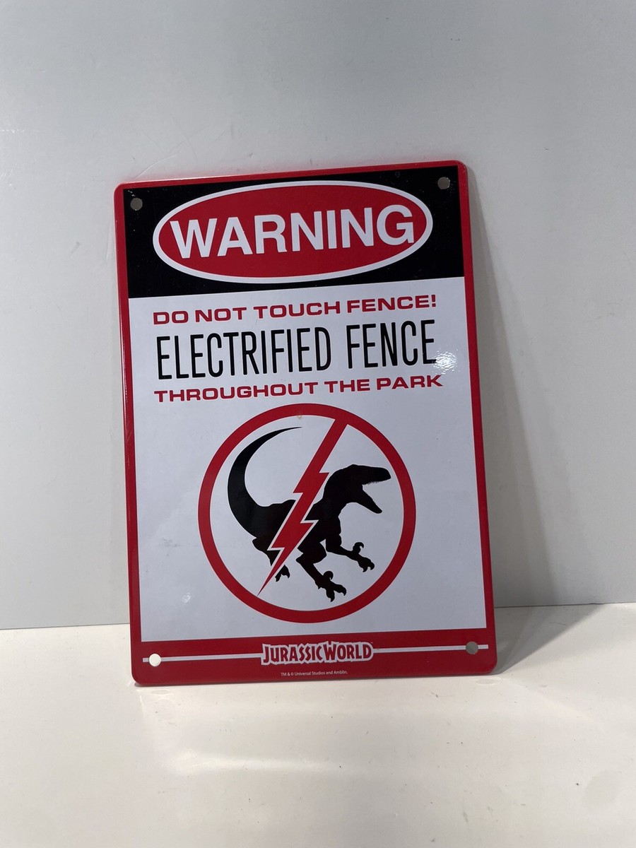 Jurassic World Warning Electrified Fence Metal Sign 5 7/8” X 8 1/4