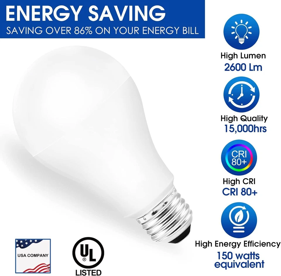 A21 LED Light Bulbs 80W Equivalent E26 Base 12W 1000LM Daylight 5000K 2-Pack - Image 3 of 4