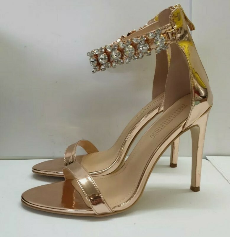 DSS# Prettylittlething Rose Gold Jewelled Ankle Strap Heeled Sandals UK 6 |  eBay