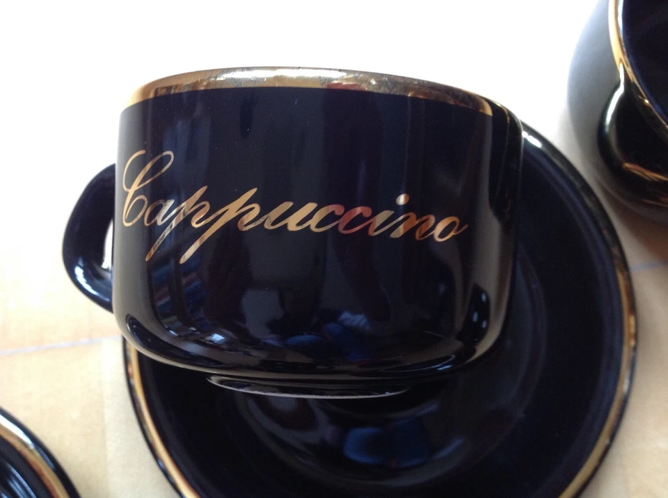 Wächtersbach Kaffeeservice schwarz weiß gepunktet Goldrand Cappuccino Tassen Tee - Bild 3 von 4
