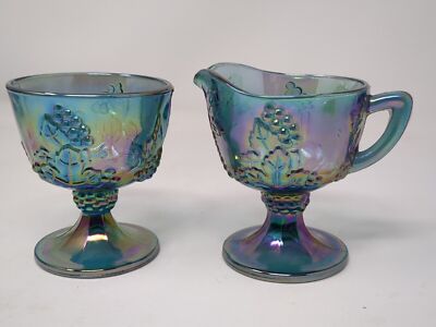 Indiana Carnival Glass Cream Sugar Set  Iridescent Blue Carnival Harvest Grape  