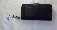 Mundi Sherri Tab Clutch Wallet NWT Black Faux Leather Snap Front Zipper Back
