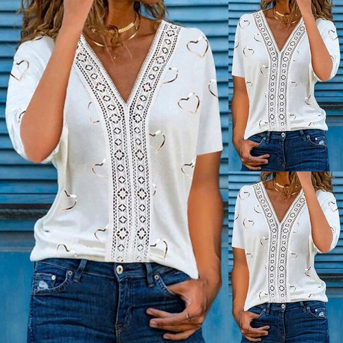Damen Herz Print V-Ausschnitt Kurzarm T-Shirt Bluse Damen Sommer Freizeit Tops - Bild 2 von 10