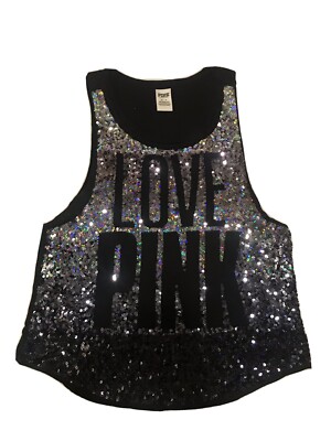 Top Victoria's Secret PINK Ombré Sequins - Noir Et Argent, Taille M, édition Limitée Rare