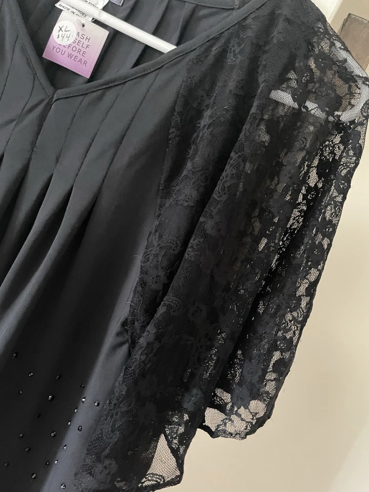 NWT LADY NOIZ Black TUNIC OR SHORT DRESS XL Lace Sleeve Beaded Front Foto 3 de 4