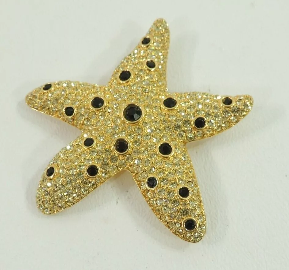 Vintage Signed SAL Swarovski Crystal STARFISH Brooch Very Sparkly Black Gold