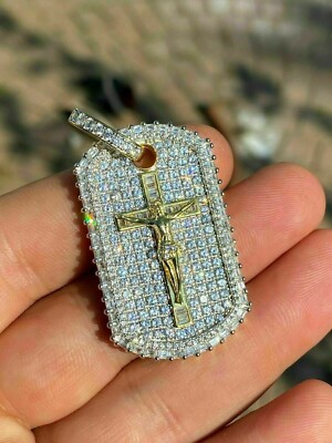 1.60Ct Round Cut VVS1 Diamond Dog Tag With A Cross Pendant 14K Yellow Gold Over