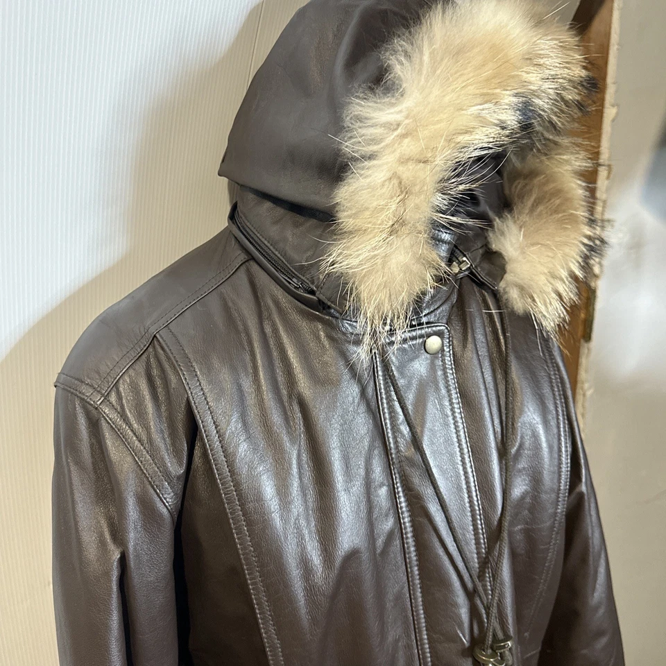 Chaqueta Abrigo FG Field Gear Para Hombres Marrón Cuero Genuino Piel Mapache Talla Pequeña Foto 2 de 4