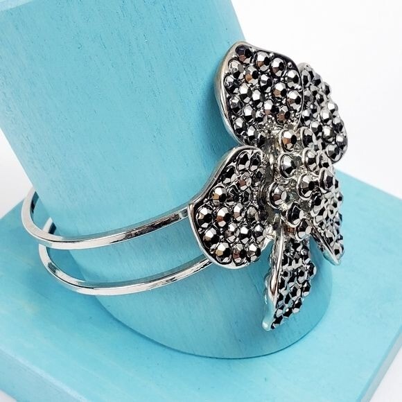 Flower Statement Clasp Cuff Rhinestone Embellished - image 2
