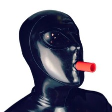 Mesh Eyes Latex Hood with Red Mouth Tube Rubber Mask for Fetish BDSM 0.4mm
