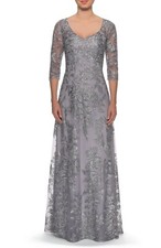 Women's La Femme Floral Embroidered Mesh A-Line Gown, Size 18 16 10 - Metallic