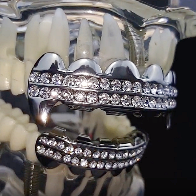 Vampire Fang Grillz Set Two Rows Silver Tone Top And Bottom Hip Hop