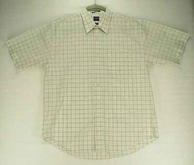Arrow Button Up Shirt Men's Large White with Gray Geometric Pattern Wrinkle Free