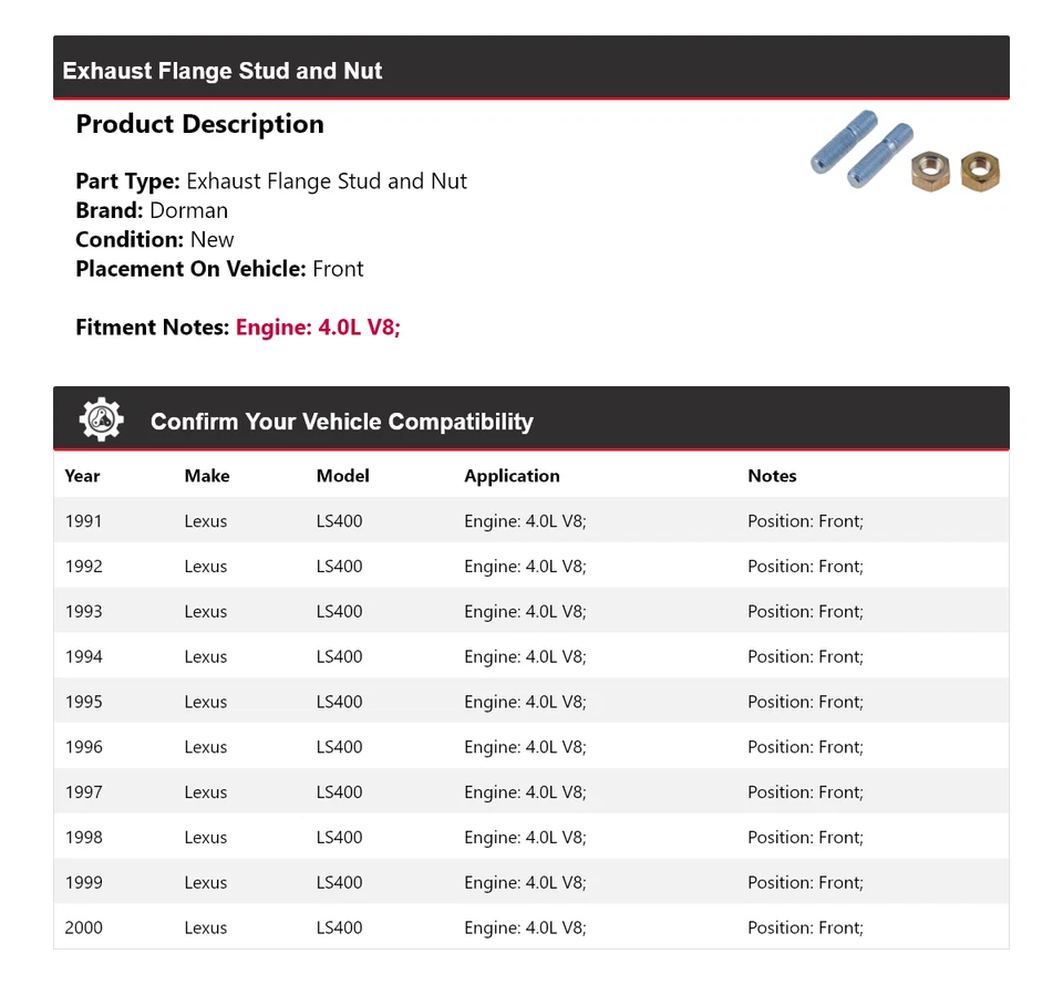 Para Lexus LS400 1991-2000 4,0 L V8 Dorman brida de escape perno y tuerca delantera 1992 Foto 2 de 3