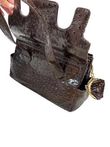 Nine West Patent Ostrich Satchel Handbag Chocolate Brown Gold Buckle Classic - Picture 5 of 24