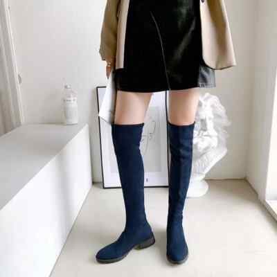 Damenstiefel Über Dem Knie Blau Niedriger Absatz 4 Cm Synthetisches Leder 72878