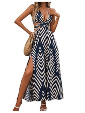  Women's High Split Tie Backless Cut Out Halter Maxi Dresses Boho X-Large Blue