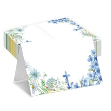 Baptism Place Cards, Blue Floral Religious Seat Cards For Table Setting, Bapt...