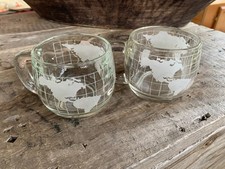Vintage 1970's Nestle Pair Clear Glass Globe World Cup Coffee Tea Mug Etched