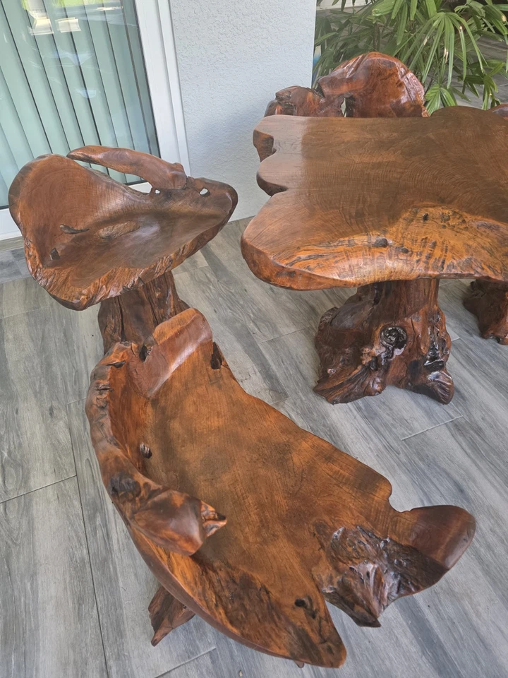 Mesa de comedor de madera de raíz de teca muebles naturales lisos habitación terraza sol nueva Foto 3 de 4